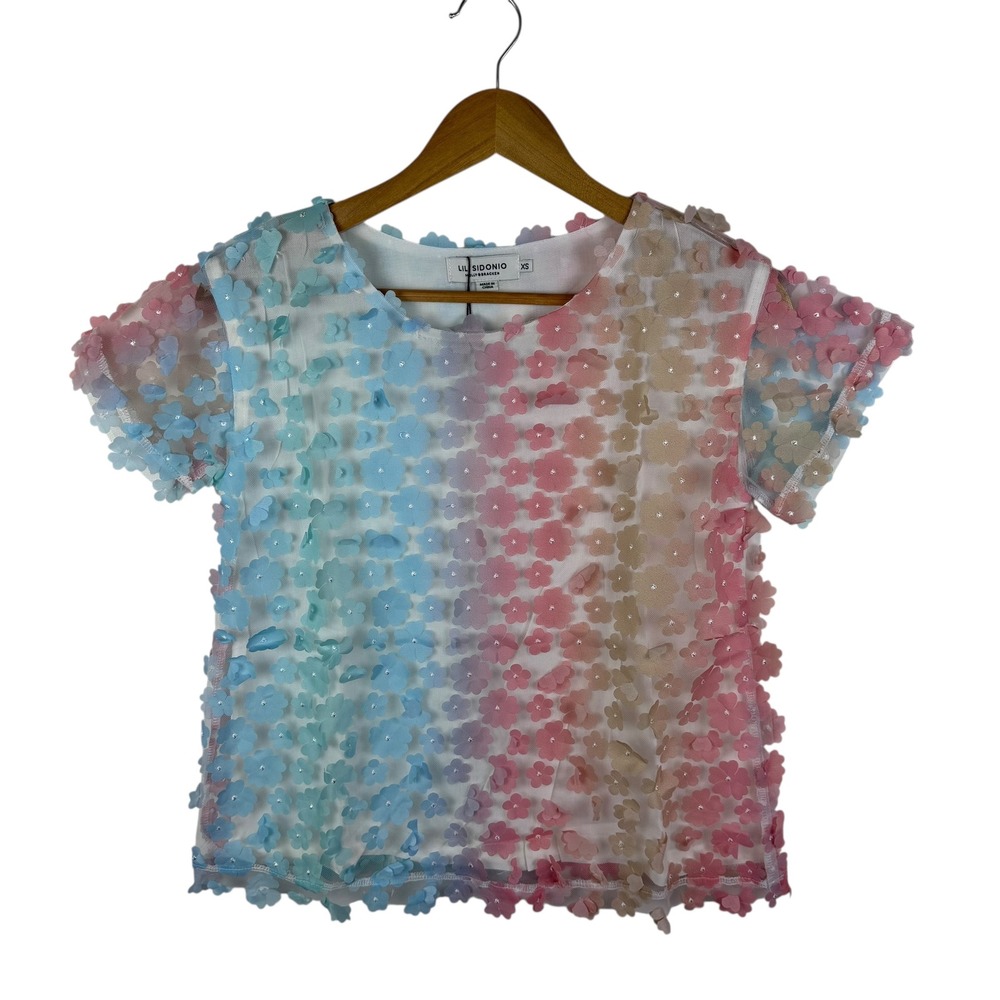 NWT LILI SIDONIO Molly Bracken Ombre 3D Floral Mesh Top XS Multicolor Y2K Pastel